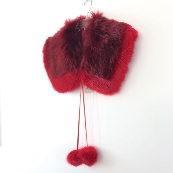 BP. Faux Fur Two-Tone Collar Featuring Pom Pom Ties in Red Burgundy One Size - Picture 3 of 3
